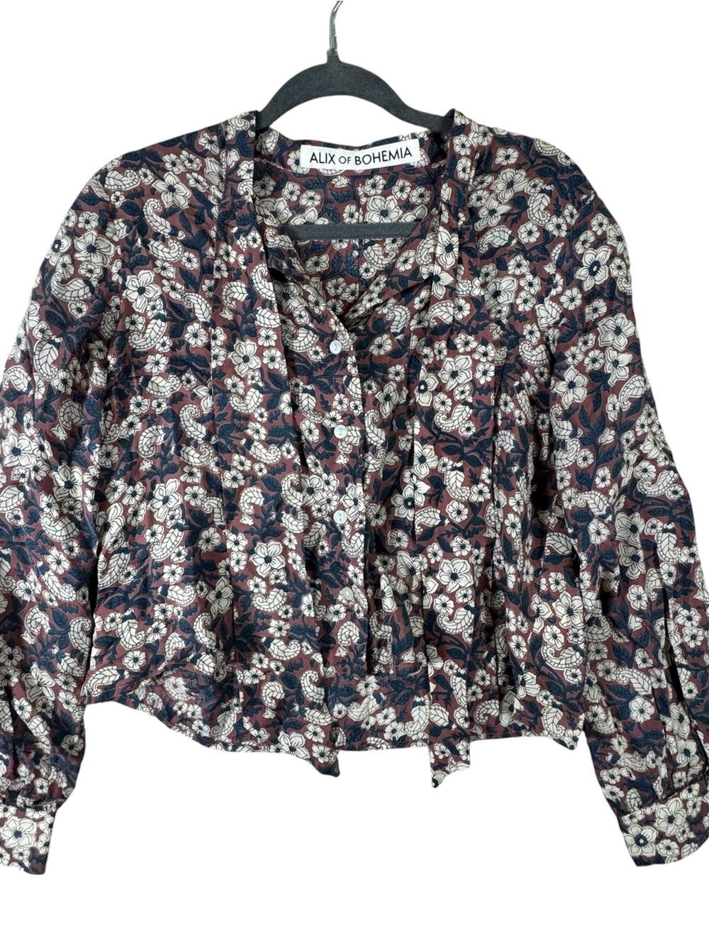 Alix Of Bohemia Silk Burgundy Floral Tie-Neck Blouse with Cream Flowers